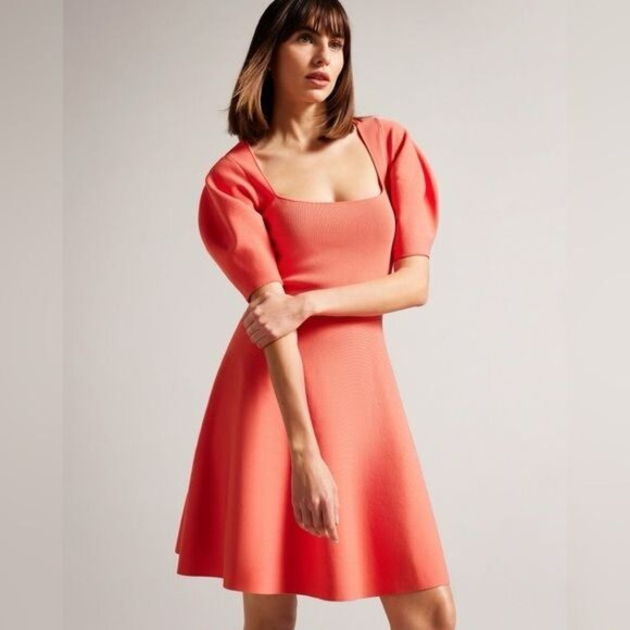 Coral Ted Baker Hayliy Puff Sleeve Skater‎ Dress in Coral Size Ted 3 / US 8 - Picture 4 of 16